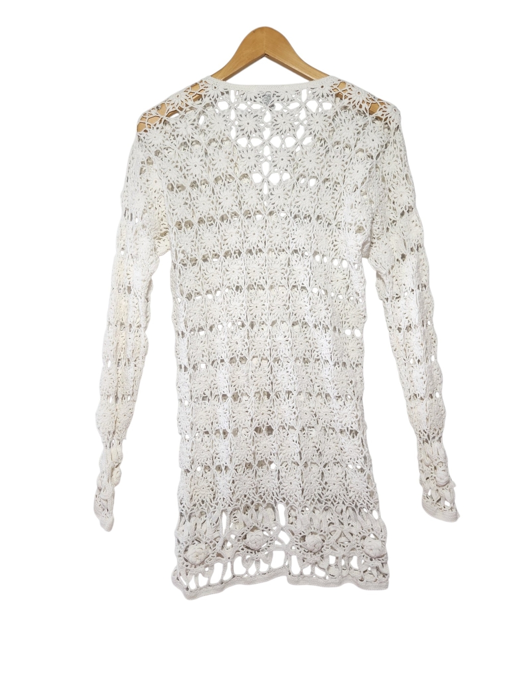 Crochet Cardigan White Sweater Med Boho Open Knit Button Front Cover Up Festival - Picture 7 of 15
